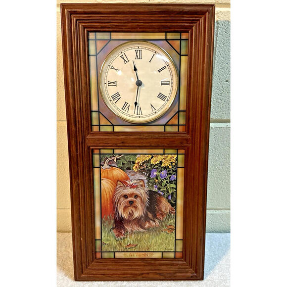 Rare Danbury Mint Yorkie Stained Glass Seasons Wall Clock Clock & Lights Work